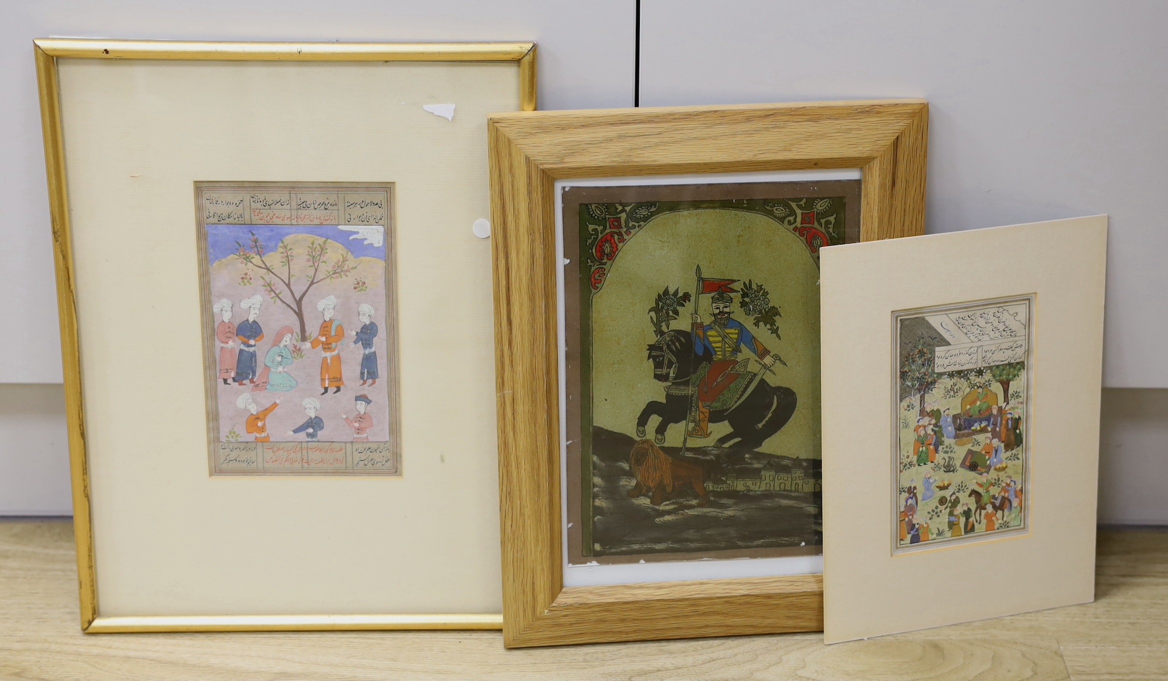 Indian School, gouache on paper, Figures in a garden, overall 20 x 12cm, a similar unframed print and a mica picture of a Prince on horseback, 26 x 29cm (3)